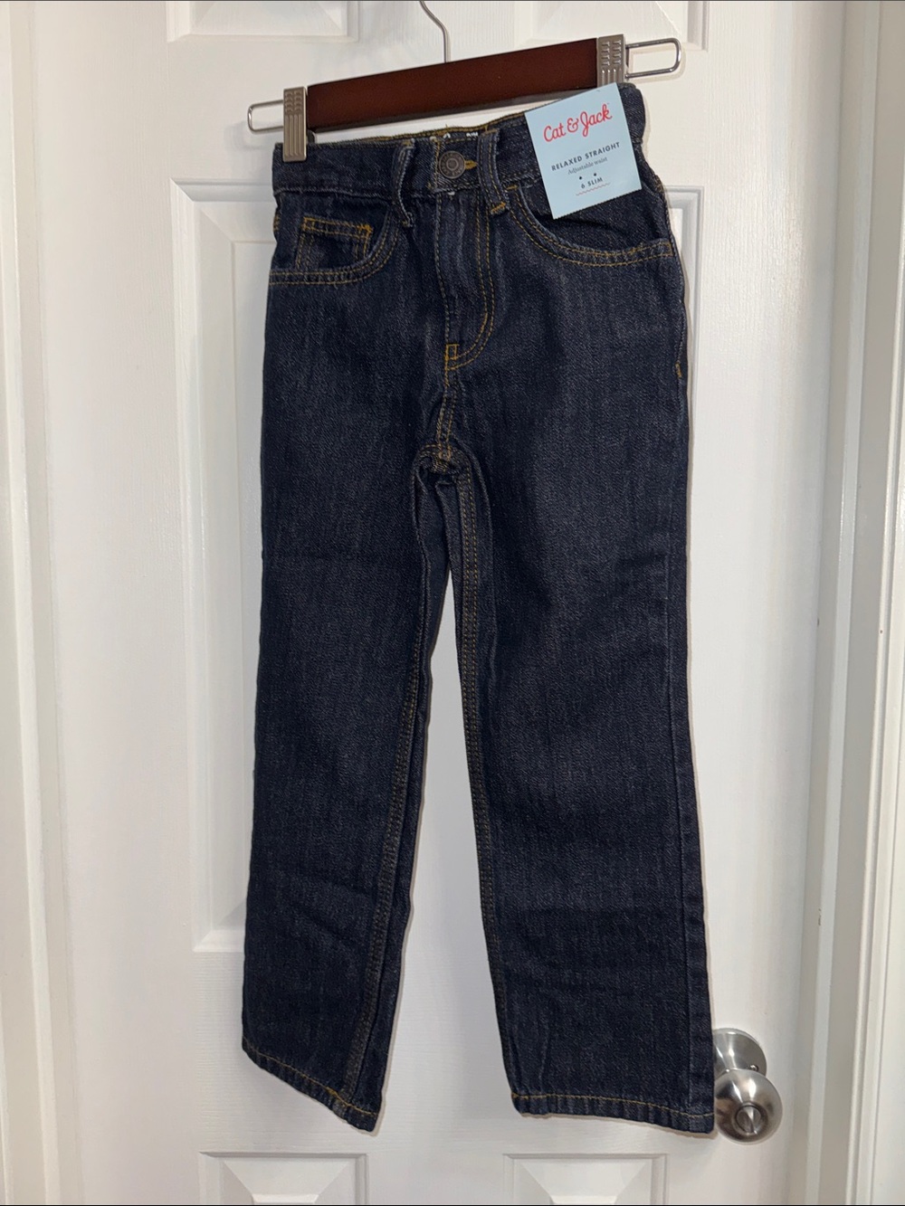 Cat & Jack Kids Relaxed Straight-Leg Blue Jeans, Adjustable Waist Size 6 Slim